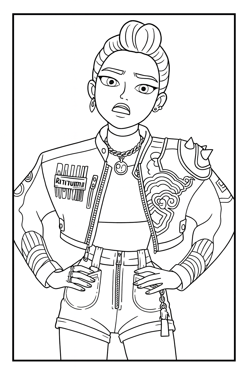Rumi Serious Expression Pose - Free printable KPop Demon Hunters coloring page
