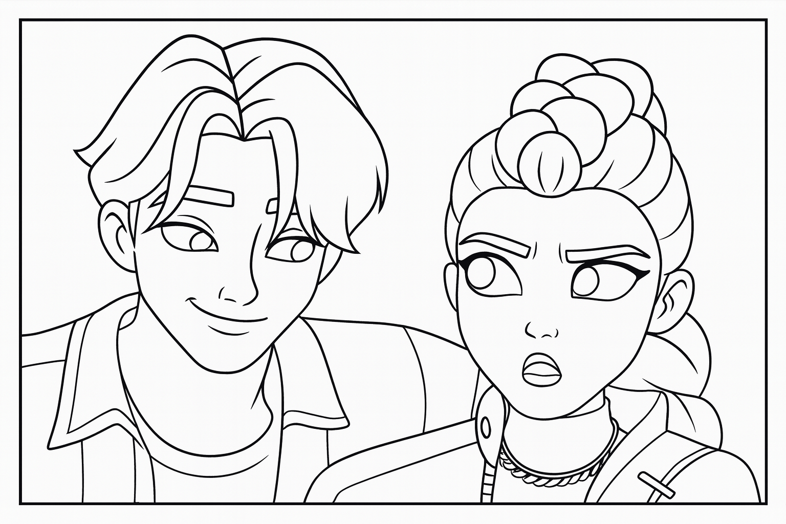 Jinu (Saja Boys) & Rumi (Huntr/x) Interaction Scene - Free printable KPop Demon Hunters coloring page