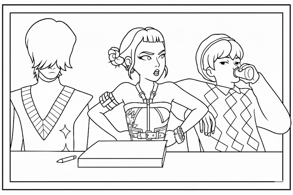 Baby Saja Sitting with Zoey and Mystery - Free printable KPop Demon Hunters coloring page
