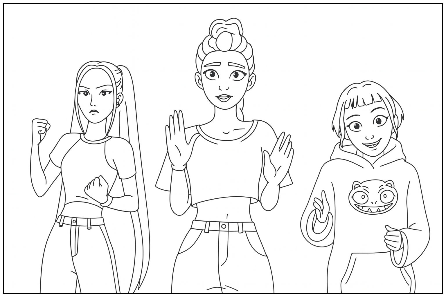 Huntrix Walking in the Street after Finnal Batter with Saja Boys and Gui-ma Coloring Sheet - Free printable KPop Demon Hunters coloring page