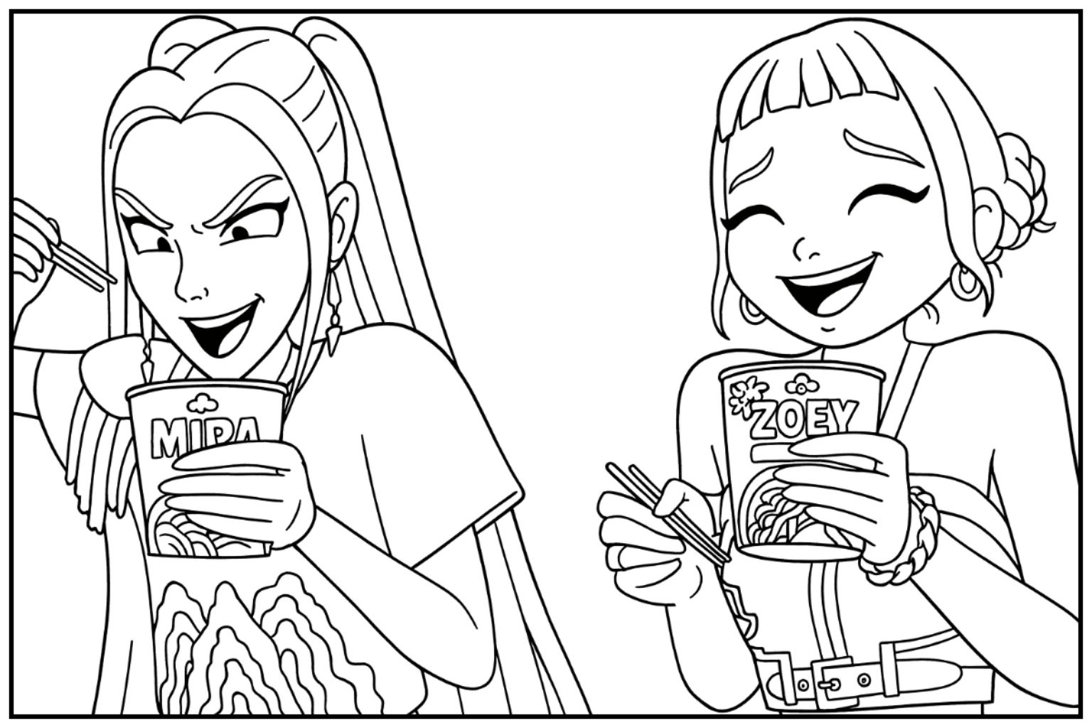 Huntrix Eating Ramen Coloring Sheet - Free printable KPop Demon Hunters coloring page