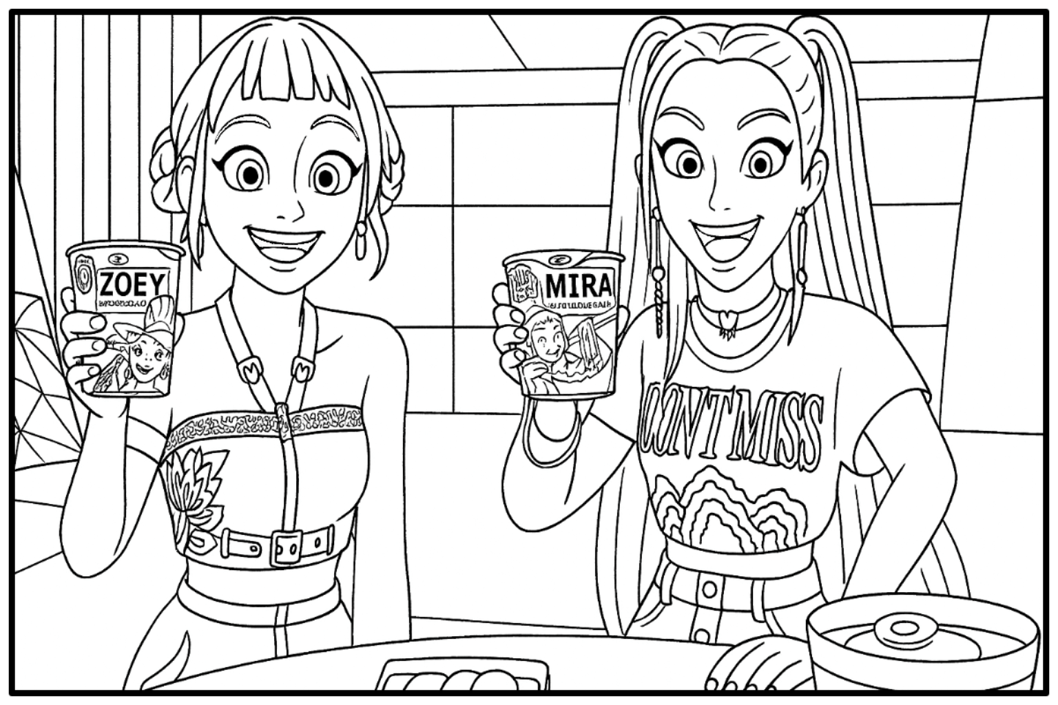 Huntrix Eating Ramen Coloring Page - Free printable KPop Demon Hunters coloring page