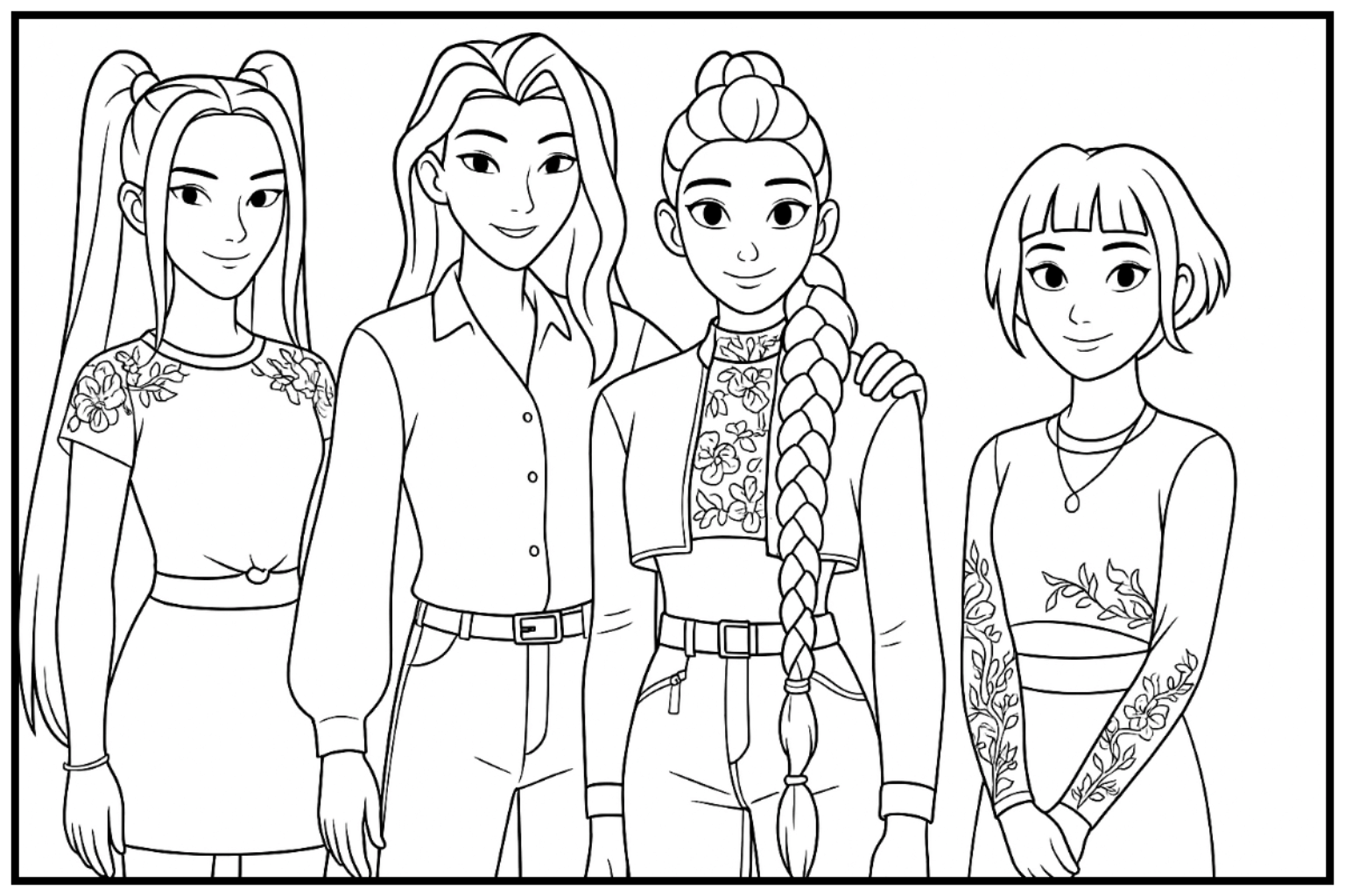 Huntrix Group With Celine - Free printable KPop Demon Hunters coloring page