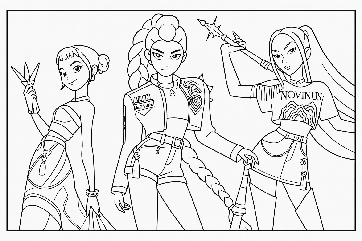 Rumi, Mira & Zoey Group Pose - Free printable KPop Demon Hunters coloring page