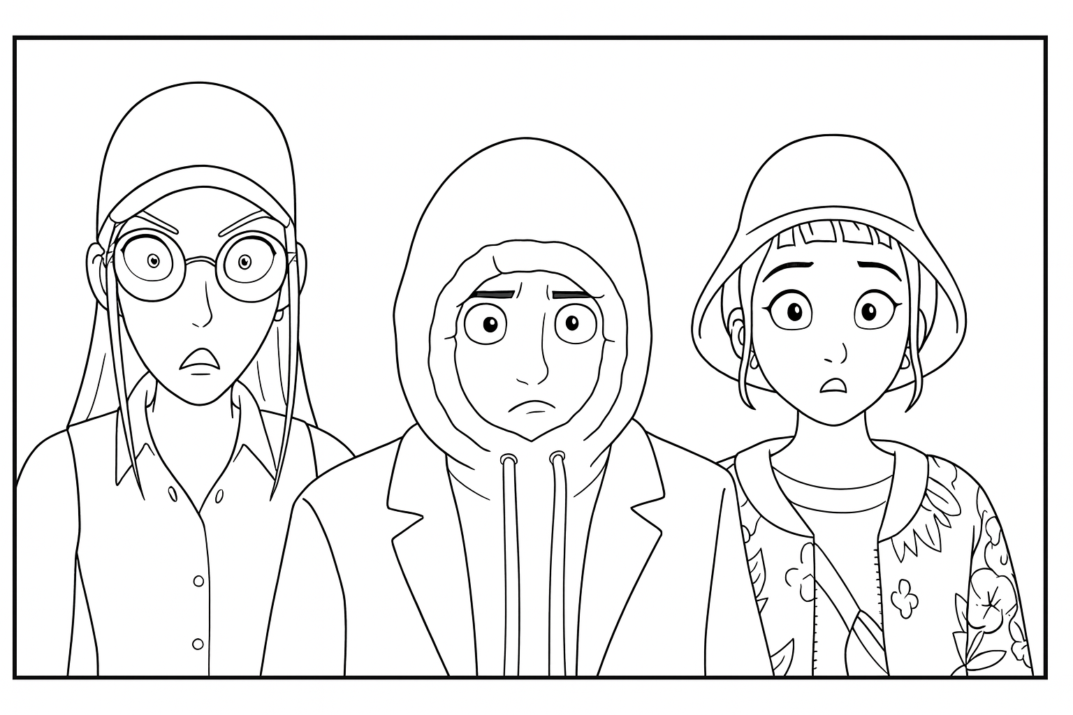 Rumi, Mira & Zoey Tense Scene - Free printable KPop Demon Hunters coloring page