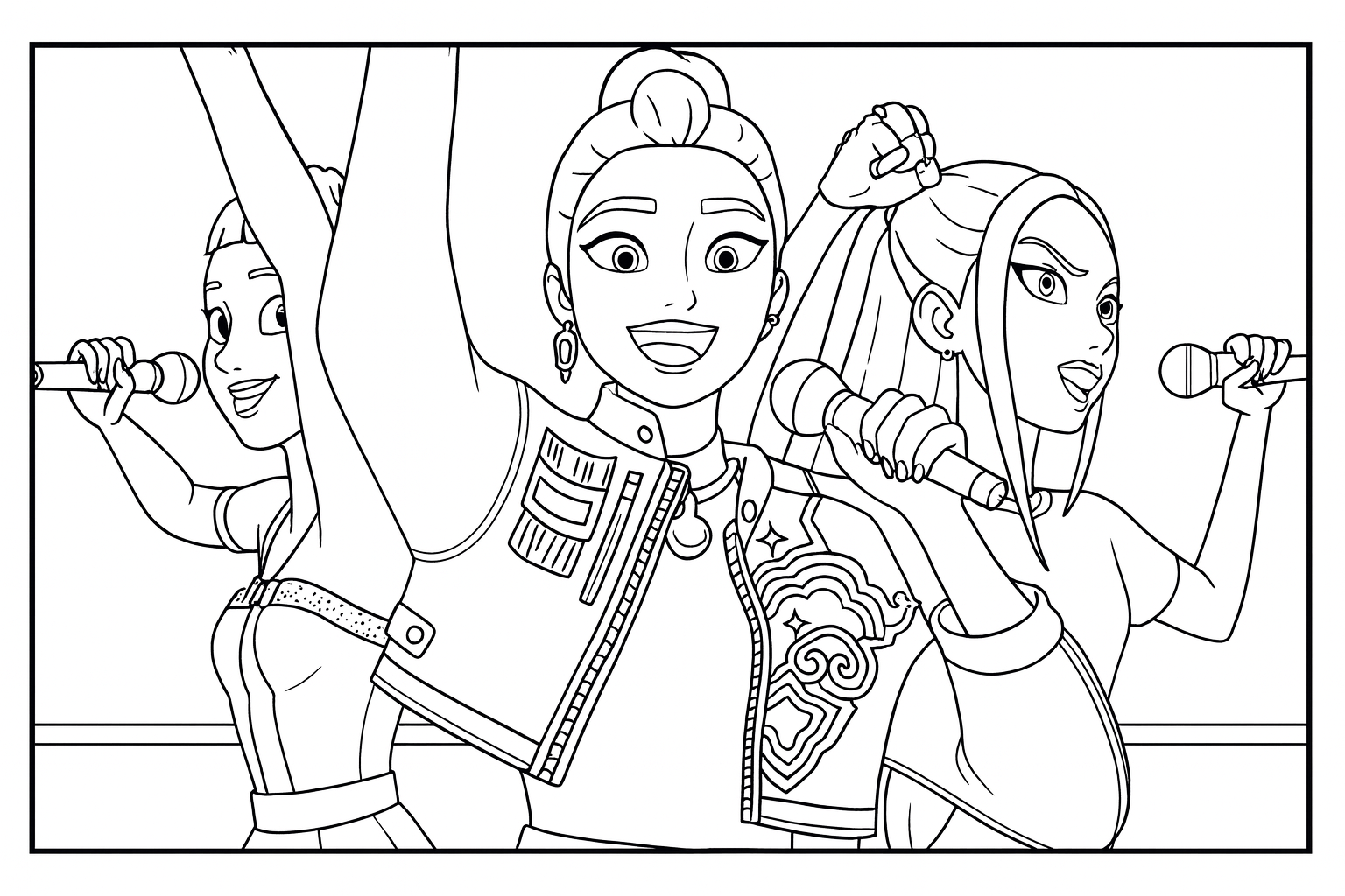 Rumi, Mira & Zoey Stage Performance - Free printable KPop Demon Hunters coloring page