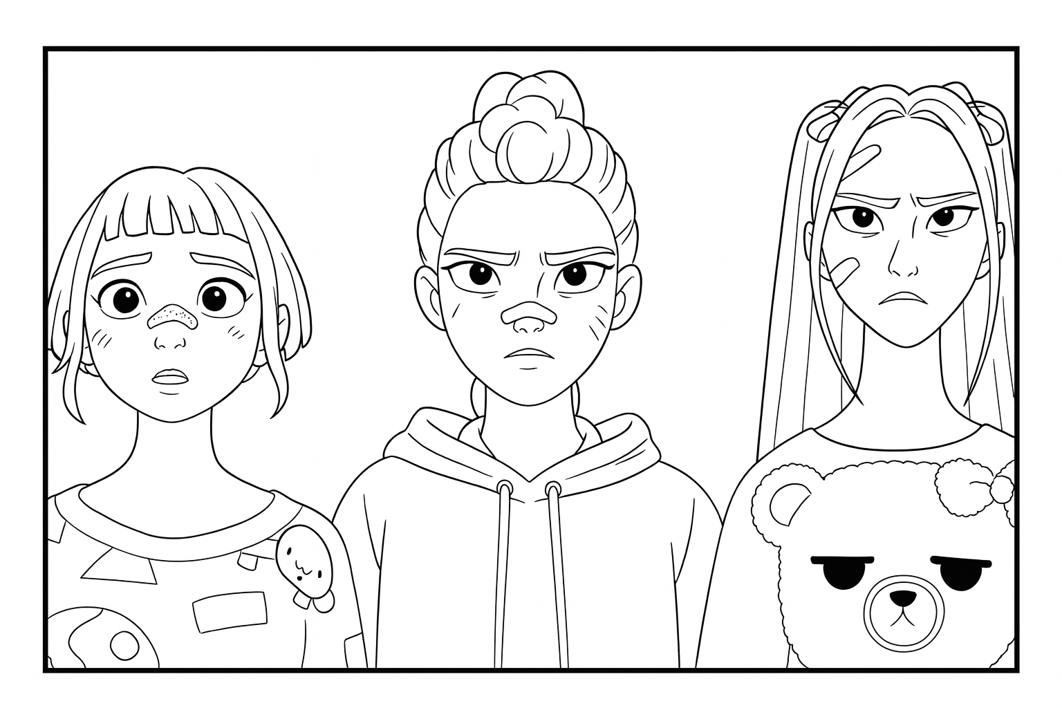 Rumi, Mira & Zoey Battle Ready - Free printable KPop Demon Hunters coloring page