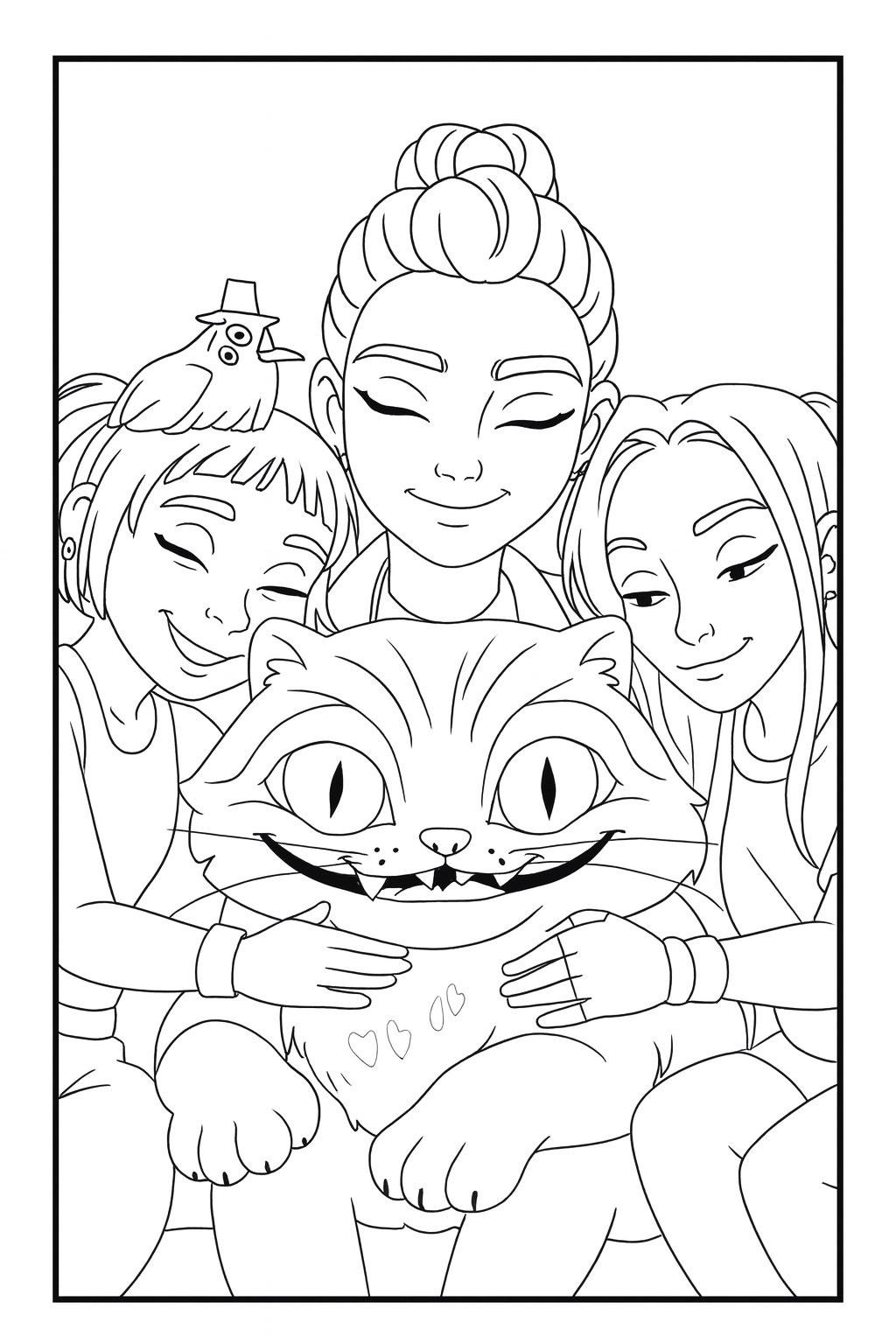 Rumi, Mira & Zoey Hugging Cat - Free printable KPop Demon Hunters coloring page