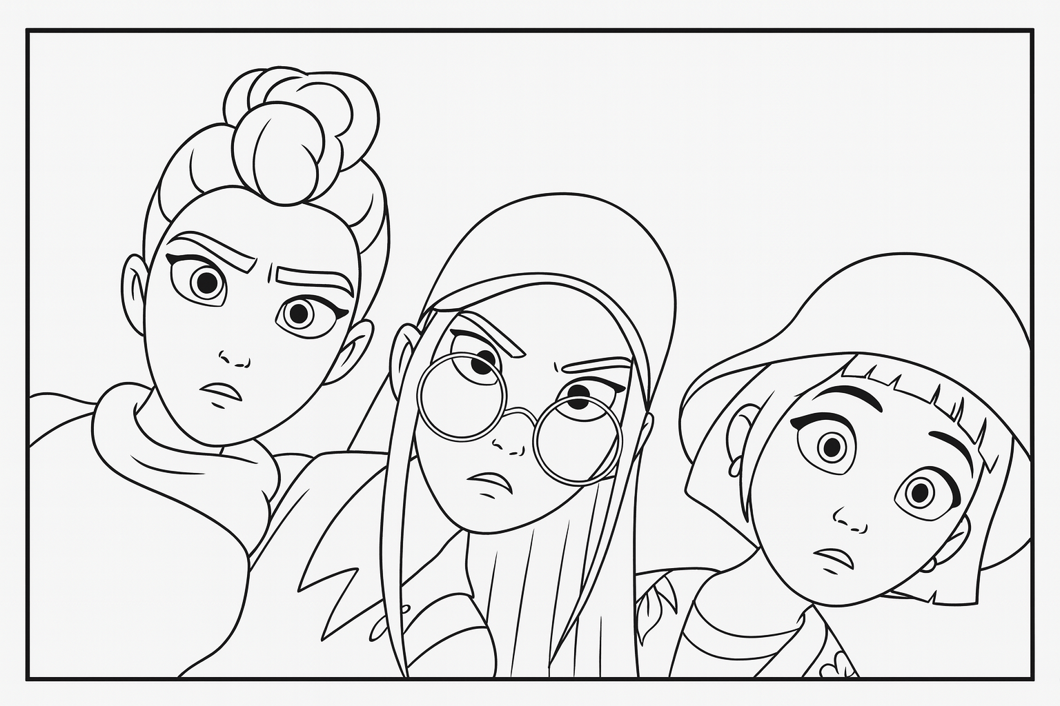 Rumi, Mira & Zoey Close-Up - Free printable KPop Demon Hunters coloring page
