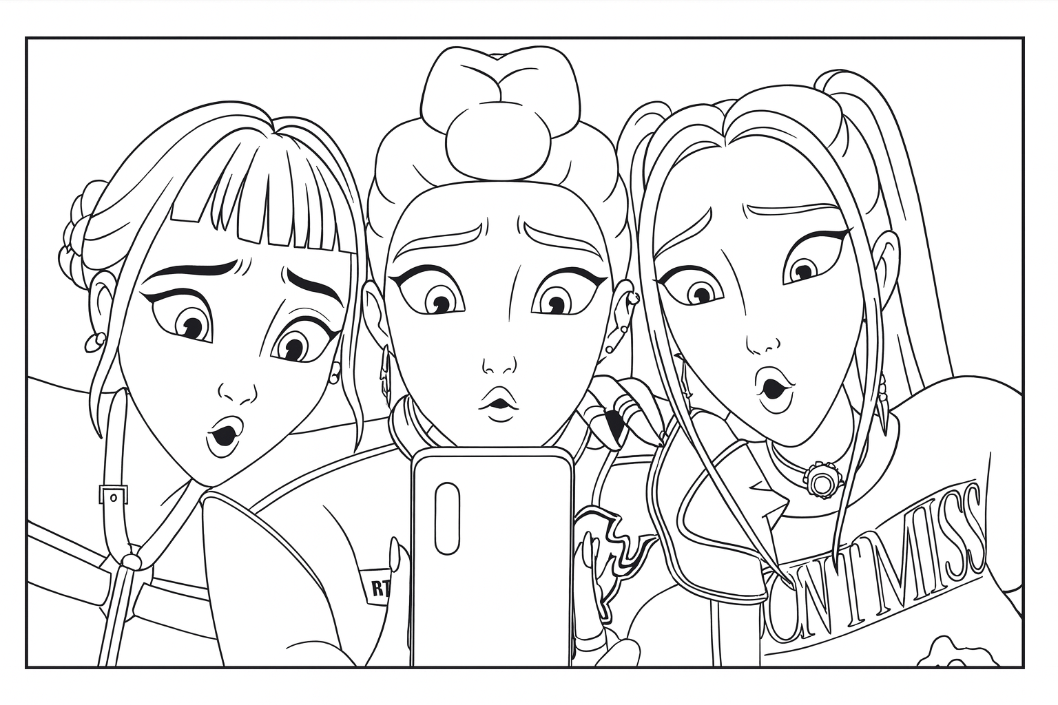 Rumi, Mira & Zoey Surprised Phone Scene - Free printable KPop Demon Hunters coloring page