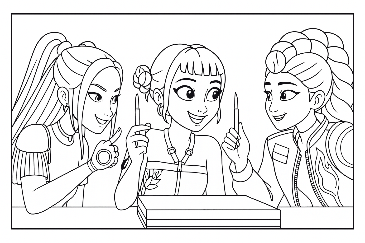 Rumi, Mira & Zoey Signing Autographs - Free printable KPop Demon Hunters coloring page