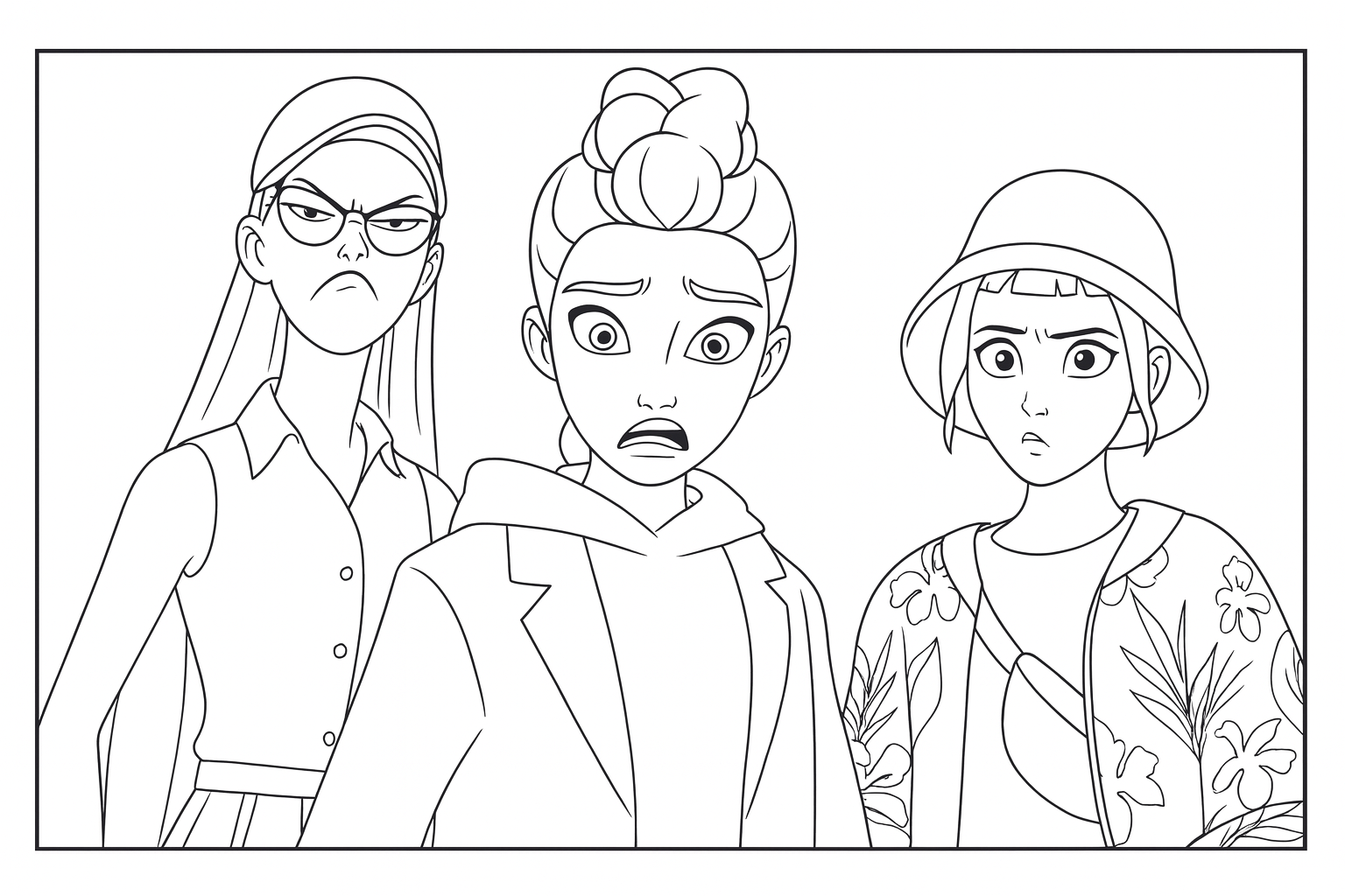 Rumi, Mira & Zoey Serious Expressions - Free printable KPop Demon Hunters coloring page