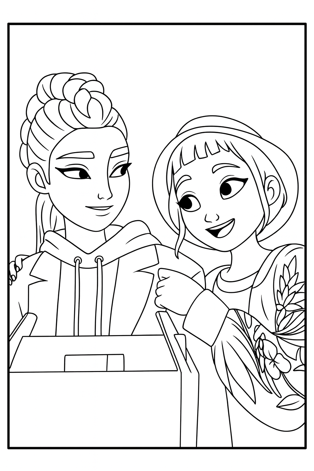 Rumi & Zoey Friendly Moment - Free printable KPop Demon Hunters coloring page