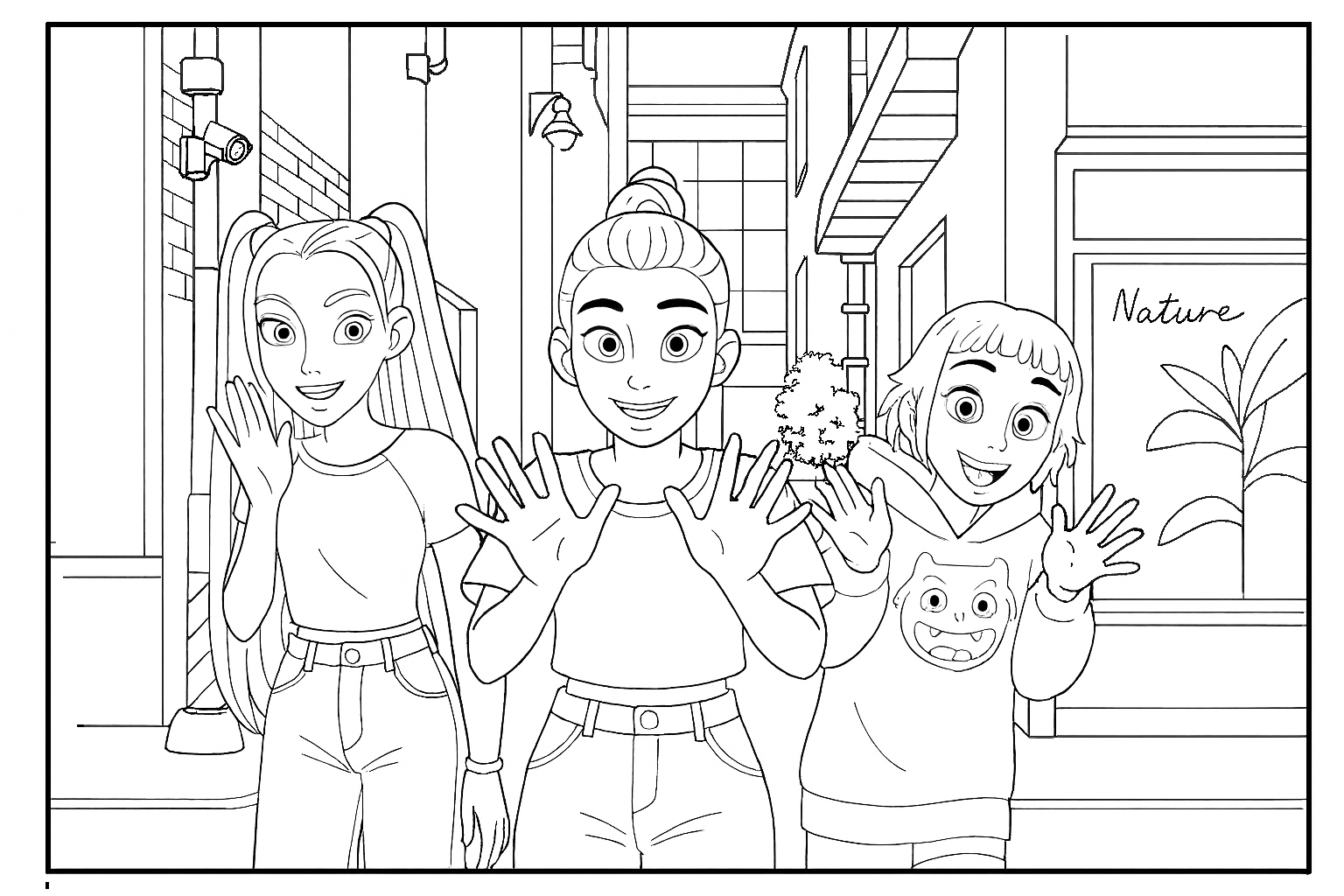 Rumi, Mira & Zoey Waving on the Street - Free printable KPop Demon Hunters coloring page