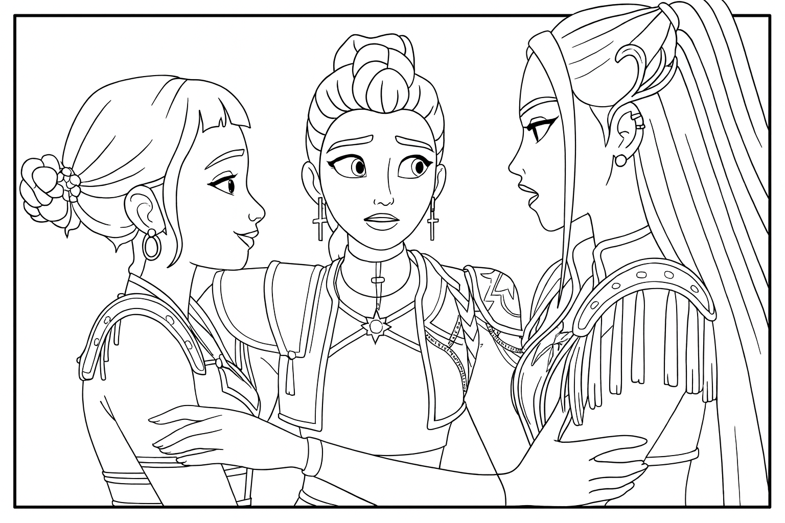 Rumi, Mira & Zoey Emotional Moment - Free printable KPop Demon Hunters coloring page