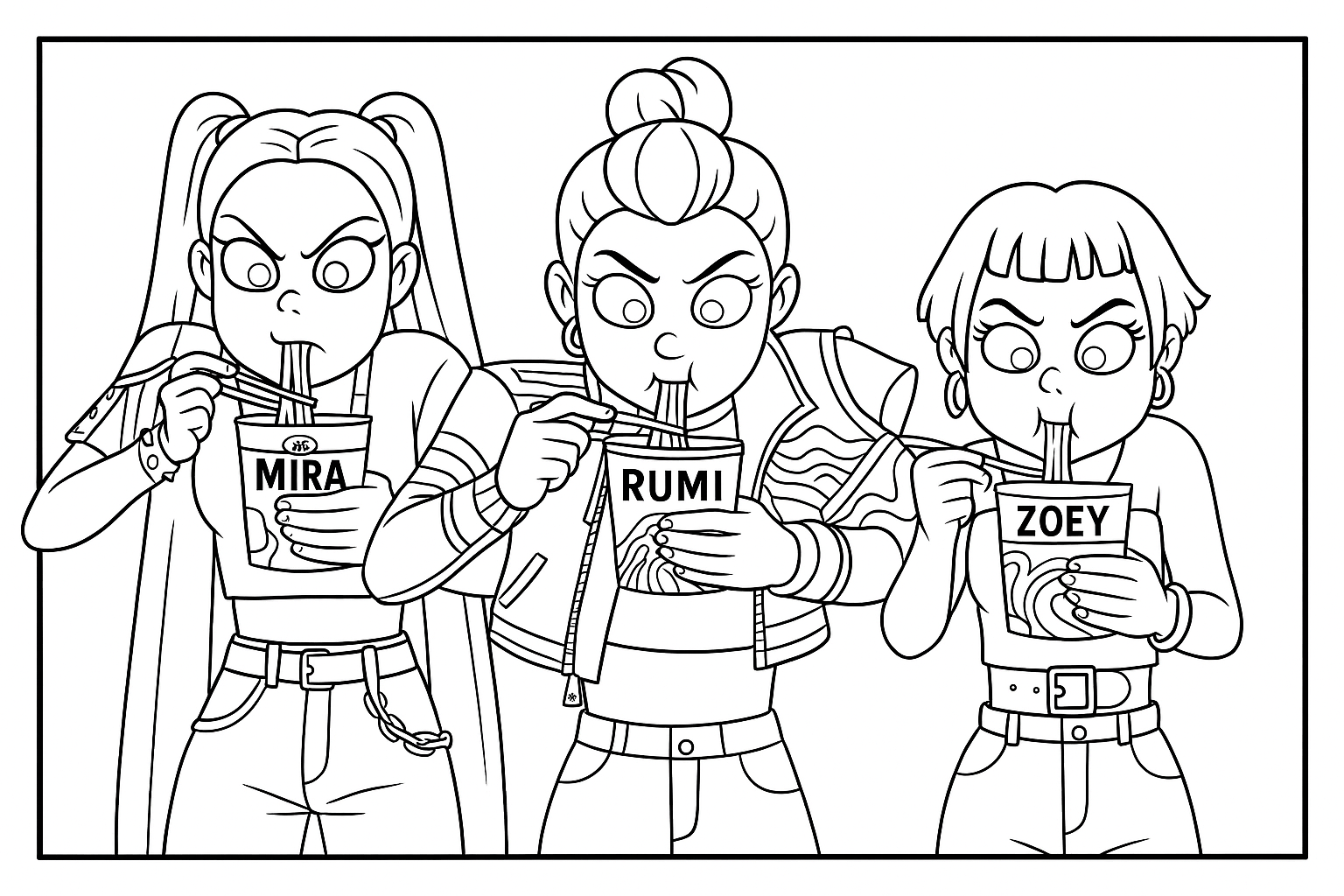 huntr-x eating noodles - Free printable KPop Demon Hunters coloring page
