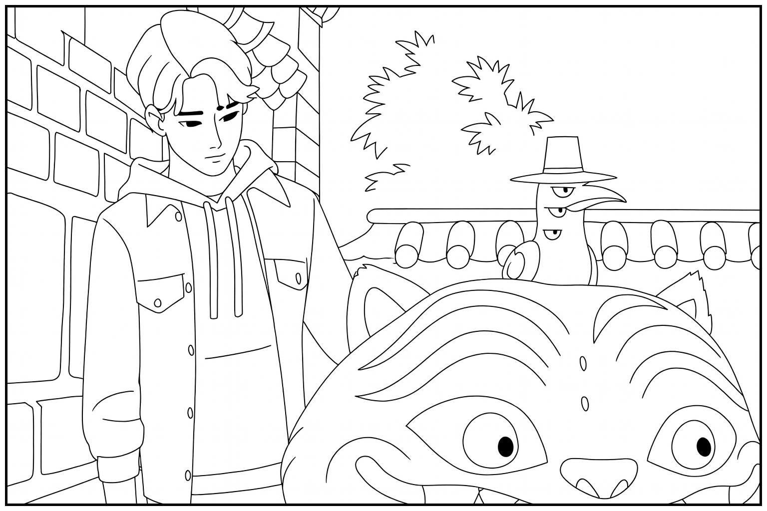 Jinu with Blue Tiger and Sussie Bird Coloring Sheet - Click to color online