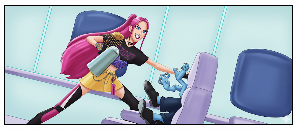Mira punches the Demon down into the airplane seat colored inspiration 1