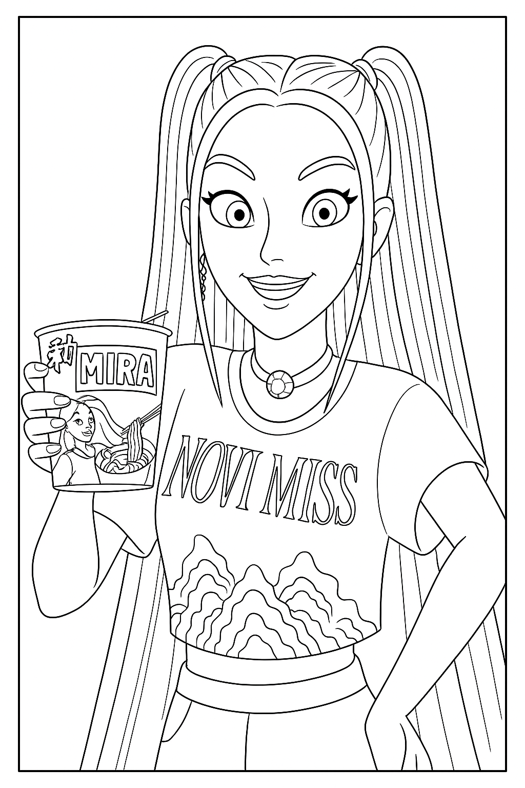 Mira Holding Noodle Cup - Free printable KPop Demon Hunters coloring page