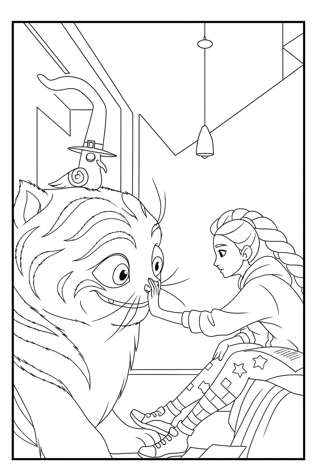 Rumi with Giant Cat - Free printable KPop Demon Hunters coloring page