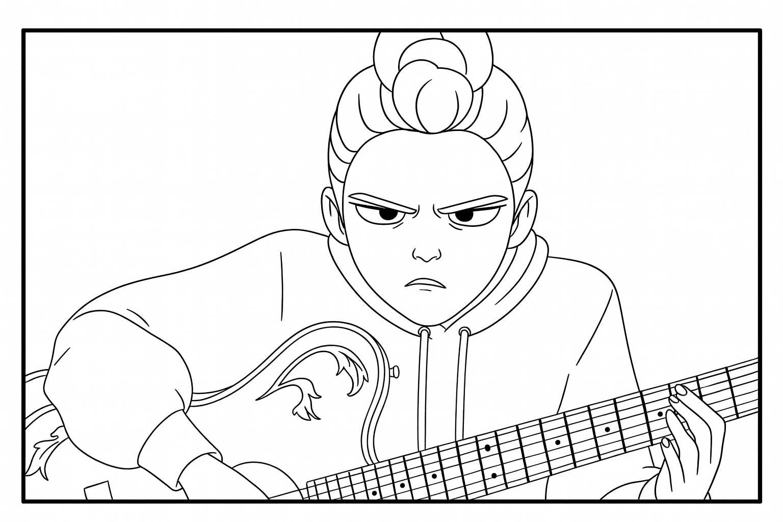 Rumi Playing Guitar - Free printable KPop Demon Hunters coloring page