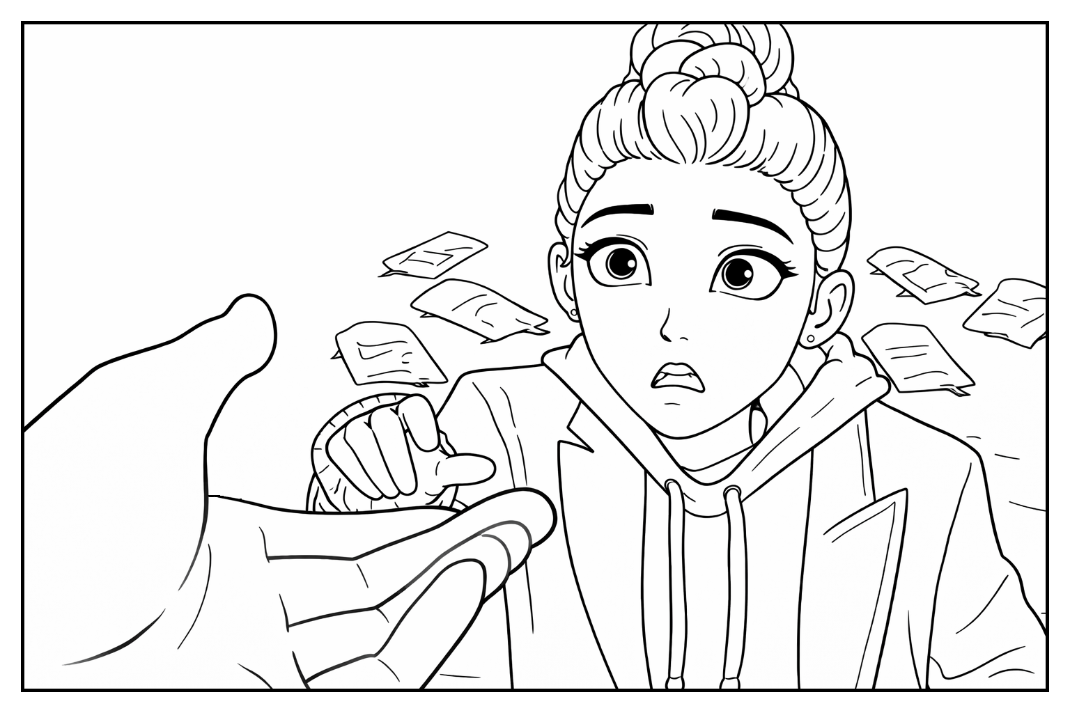 Rumi’s First Misunderstanding with Jinu Coloring Sheet - Free printable KPop Demon Hunters coloring page