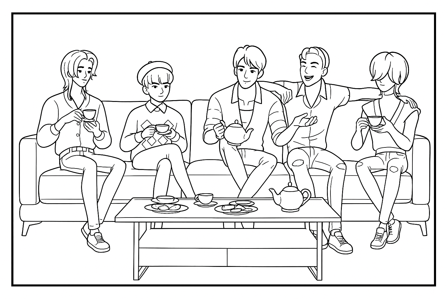 Saja Boys Drinking Tea - Free printable KPop Demon Hunters coloring page