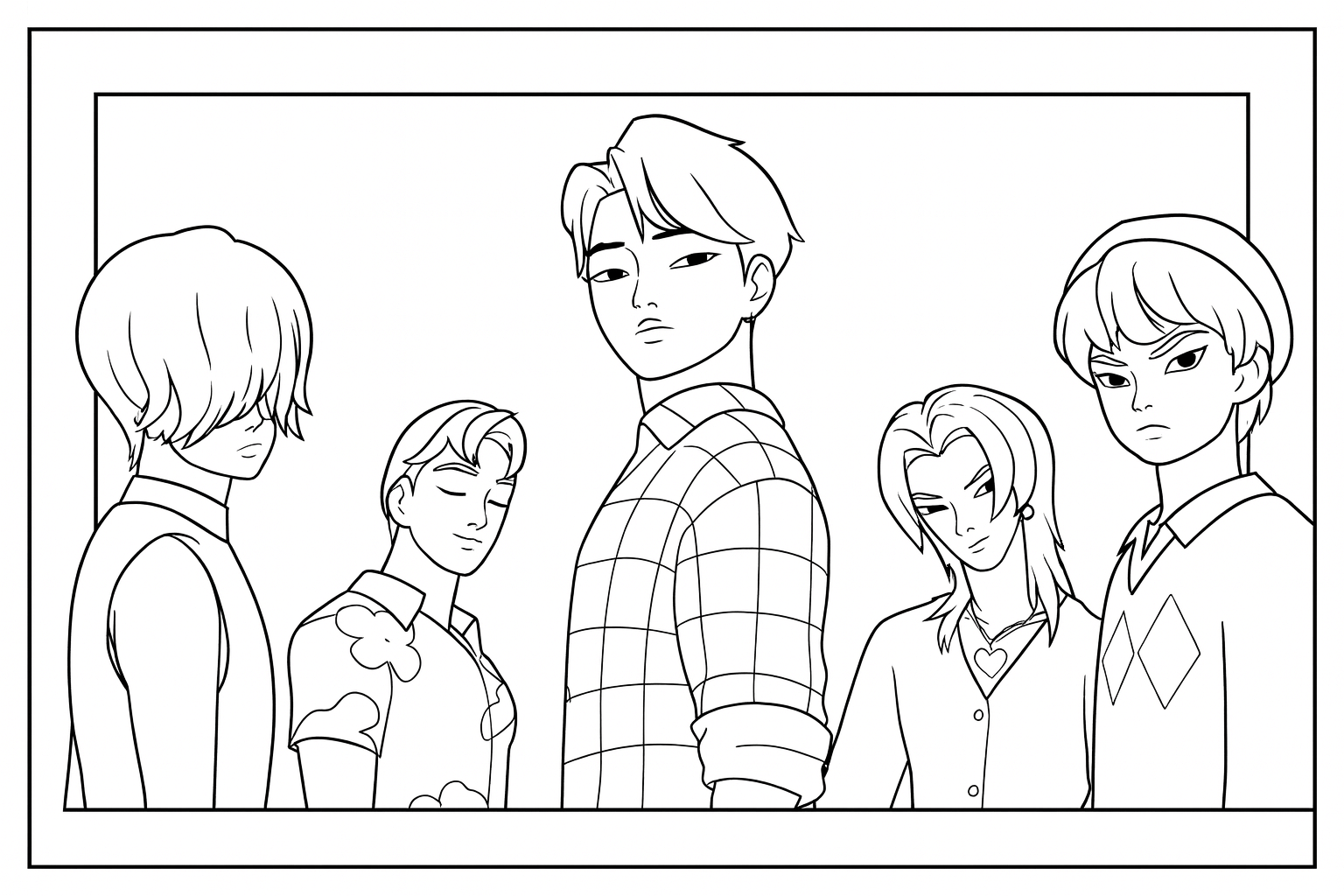 Saja Boys Look Down at Rumi - Free printable KPop Demon Hunters coloring page
