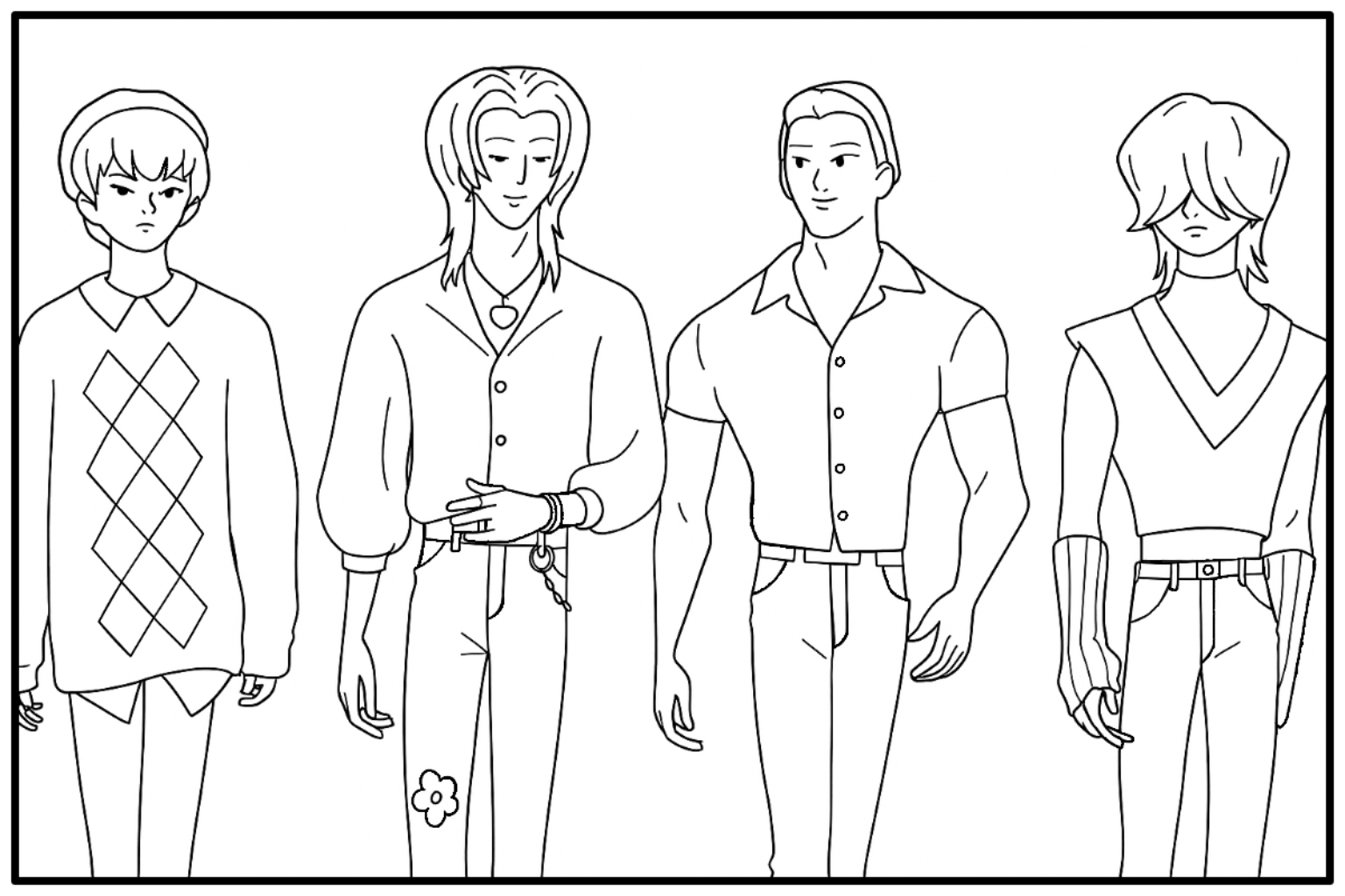 Saja Boys Group Walking in the Street - Free printable KPop Demon Hunters coloring page