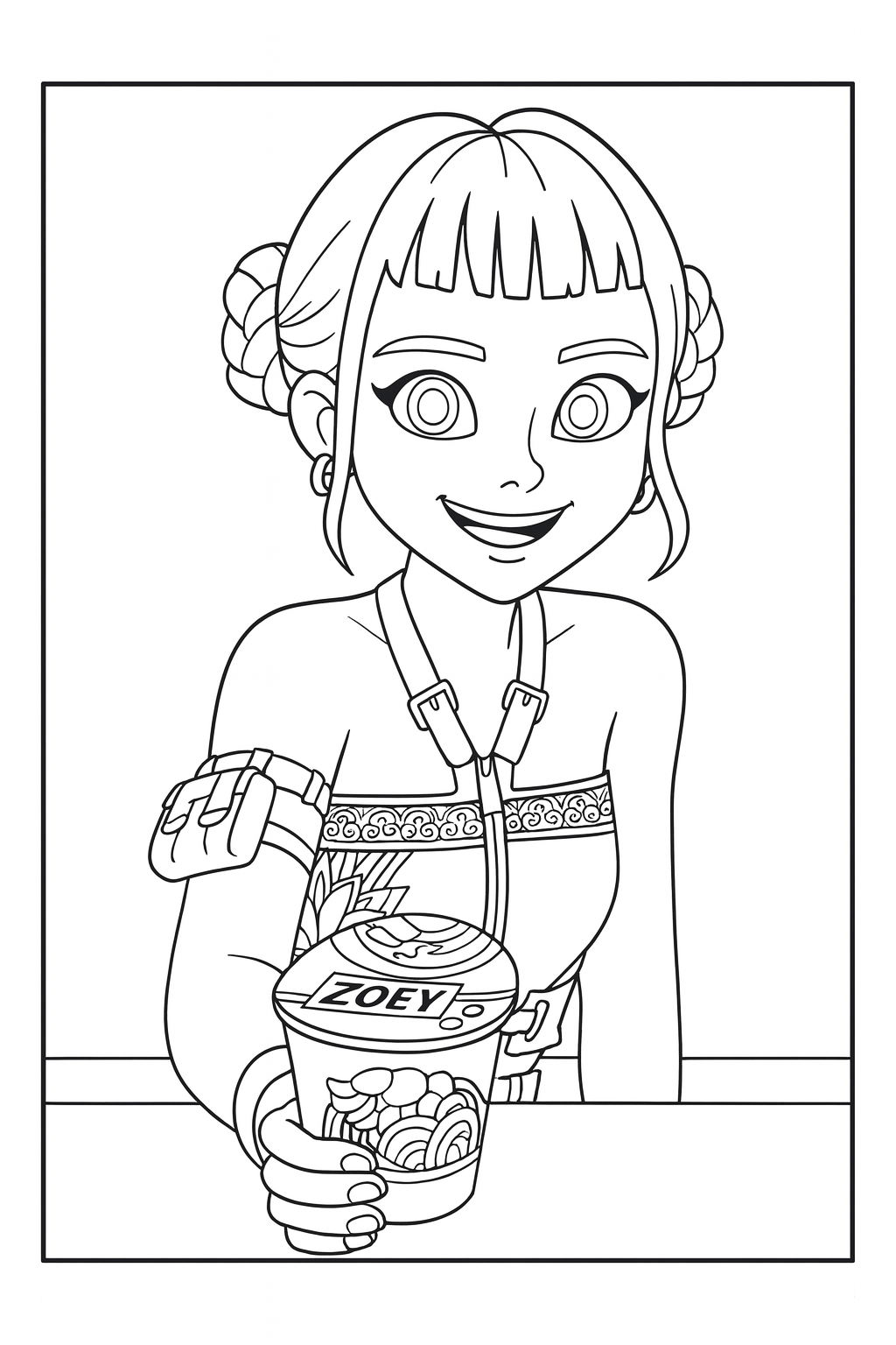 Zoey with Cup Noodles - Free printable KPop Demon Hunters coloring page