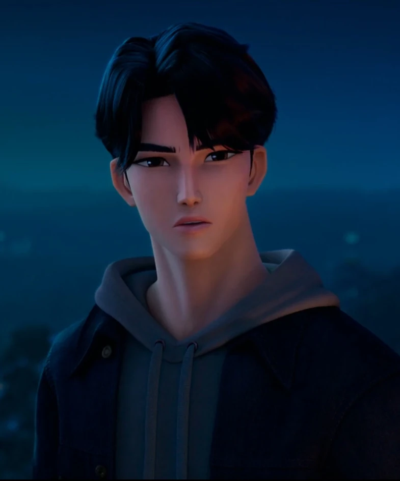 Jinu, the charismatic leader of KPop Demon Hunters group Saja Boys, with a thoughtful expression.