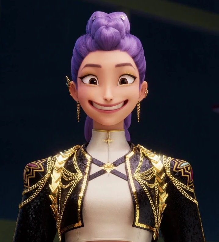 Rumi, the leader and main vocalist of KPop Demon Hunters group Huntr/x, showcasing her half-demon heritage and sword-wielding skills.